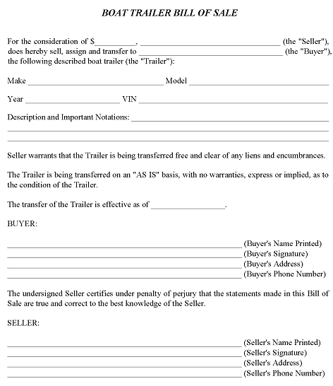 Indiana Boat Trailer Bill of Sale Form