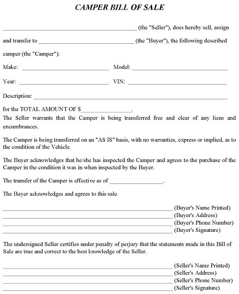 Indiana Camper Bill of Sale Form PDF