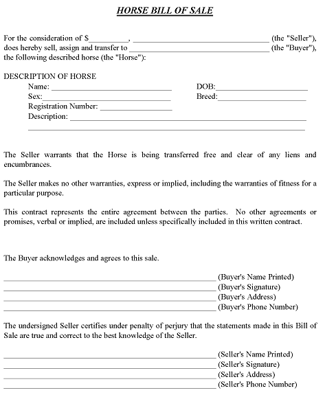 Indiana Horse Bill of Sale PDF