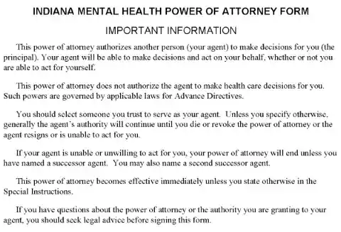 Indiana Mental Health Power of Attorney PDF