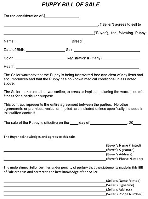 Indiana Puppy Bill of Sale