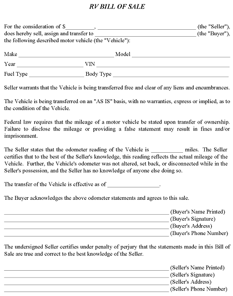 Indiana RV Bill of Sale PDF