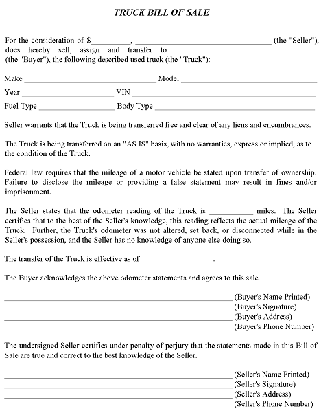 Indiana Truck Bill of Sale Form