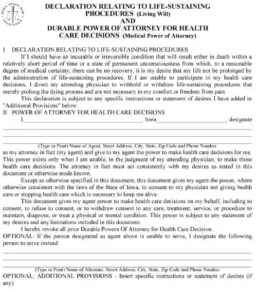 Free Iowa Advance Healthcare Directive Word Printable Form