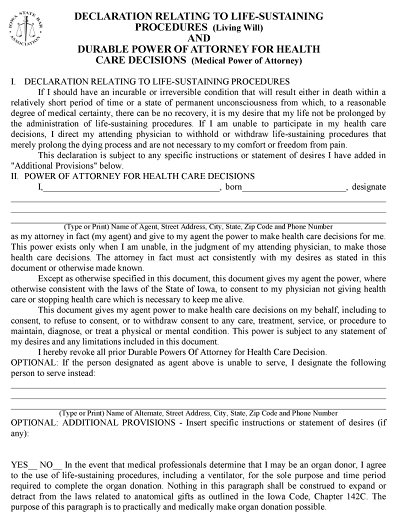 Iowa Blank Printable Living Will Form PDF