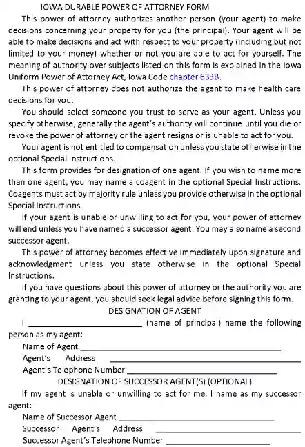 Iowa Durable Power of Attorney Form PDF