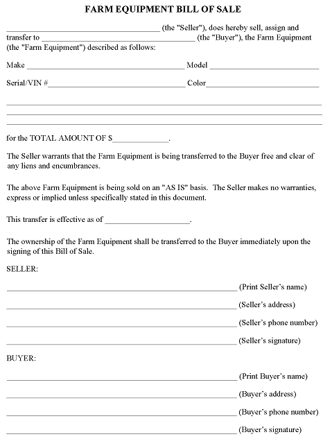Iowa Farm Equipment Bill of Sale