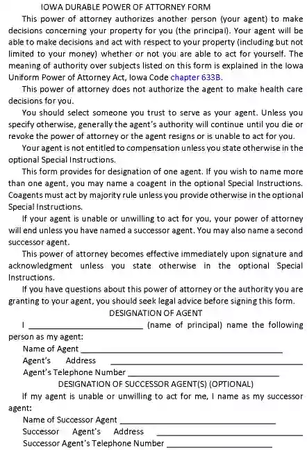 Iowa Financial Power of Attorney Form