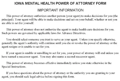 Iowa Mental Health Power of Attorney Word