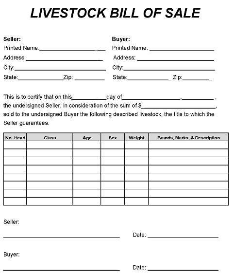 Livestock Bill of Sale Template PDF