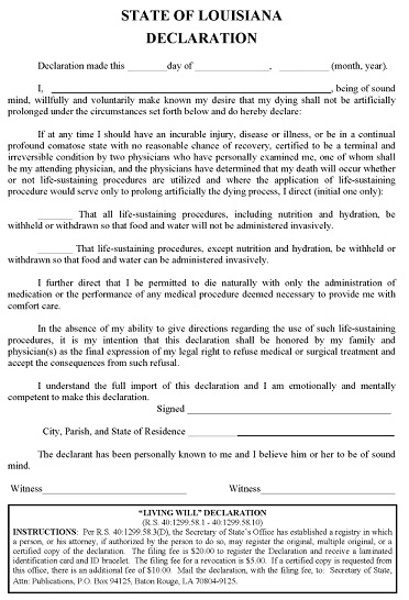 Louisiana Living Will Form PDF