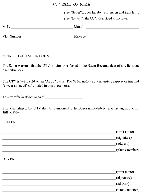 Louisiana UTV Bill of Sale Word