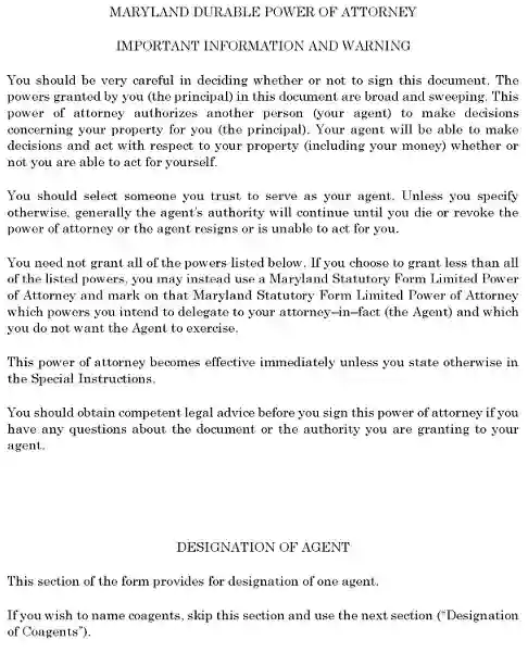 Maryland Durable Power of Attorney Form PDF