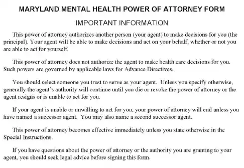 Maryland Mental Health Power of Attorney PDF