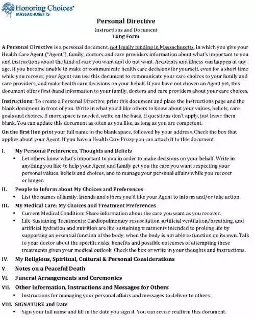 Free Massachusetts Advance Healthcare Directive PDF Printable Form
