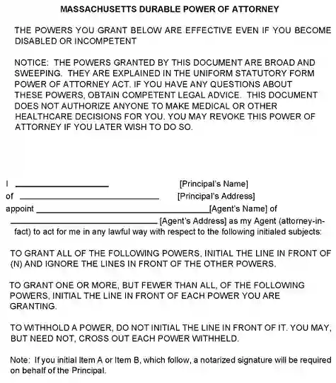 Massachusetts Durable Power of Attorney Form PDF