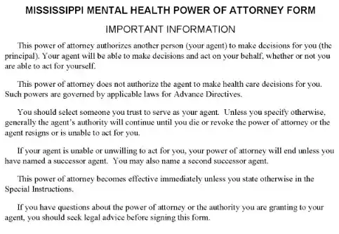 Mississippi Mental Health Power of Attorney Word