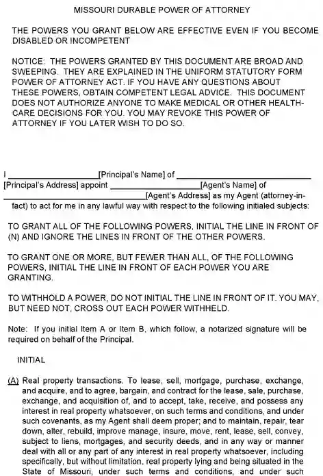 Missouri Durable Power of Attorney Form PDF