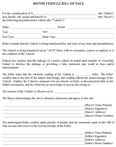 Motor Vehicle Bill of Sale Template