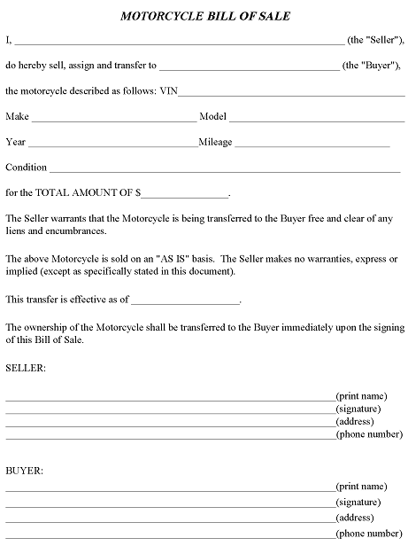 Motorcycle Bill of Sale Template PDF