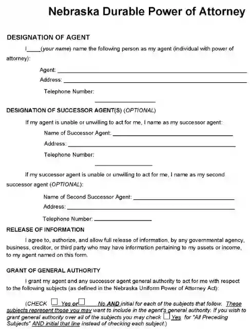 Nebraska Durable Power of Attorney Form PDF