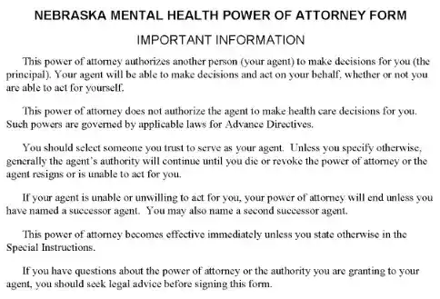 Nebraska Mental Health Power of Attorney PDF