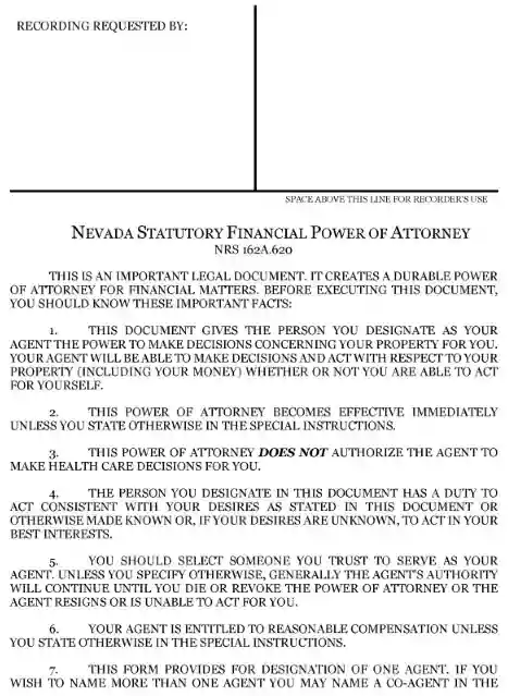 Nevada Financial Power of Attorney Form