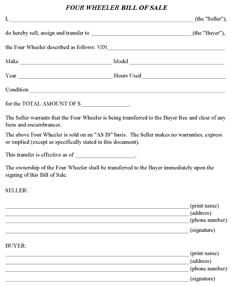 New Hampshire Four Wheeler Bill of Sale