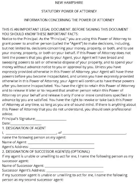 New Hampshire Power of Attorney Form Free Printable Word