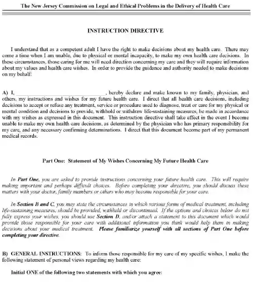 Free New Jersey Advance Healthcare Directive PDF Printable Form