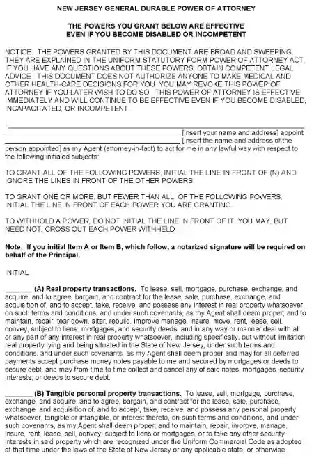 New Jersey Durable Power of Attorney Form PDF