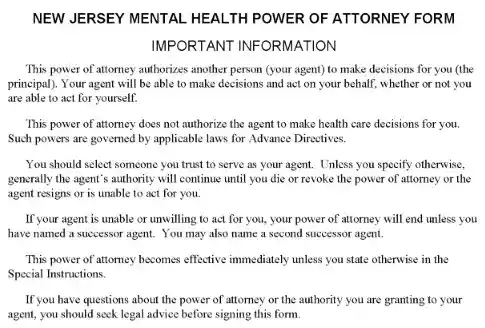 New Jersey Mental Health Power of Attorney