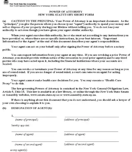New York Power of Attorney Form Free Printable Word