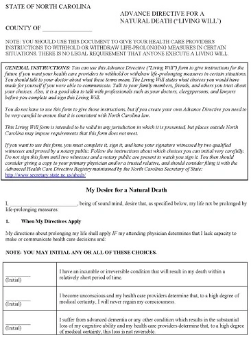 North Carolina Blank Printable Living Will Form PDF