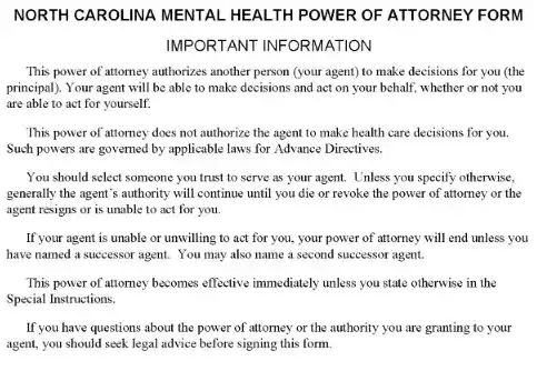 North Carolina Mental Health Power of Attorney Word