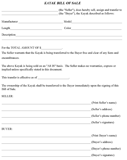 North Dakota Kayak Bill of Sale