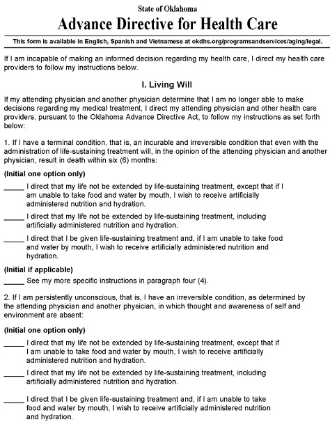 Oklahoma Blank Printable Living Will Form Word