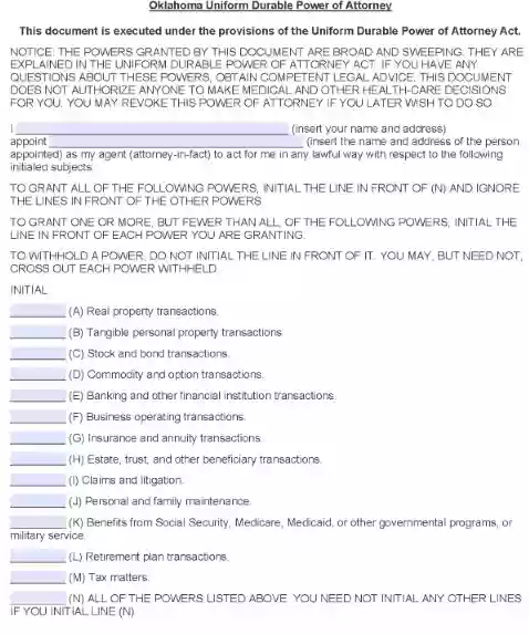 Oklahoma Durable Power of Attorney Form PDF