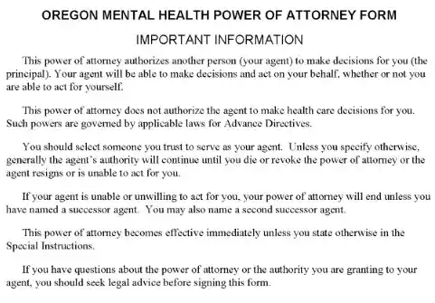 Oregon Mental Health Power of Attorney PDF