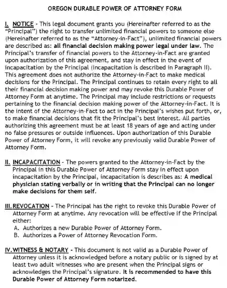 Oregon Power of Attorney Form Free Printable