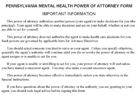 Pennsylvania Mental Health Power of Attorney PDF