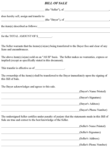 Printable Bill of Sale Template