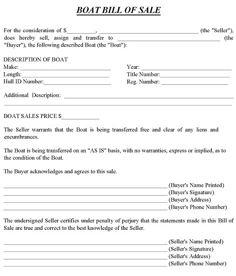 Printable Boat Bill of Sale Template Word