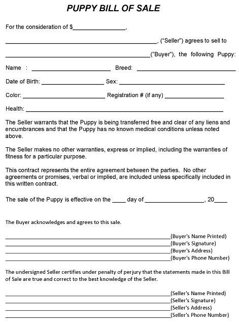 Puppy Bill of Sale Template Word