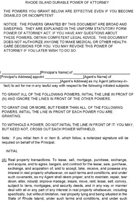 Rhode Island Financial Power of Attorney Form