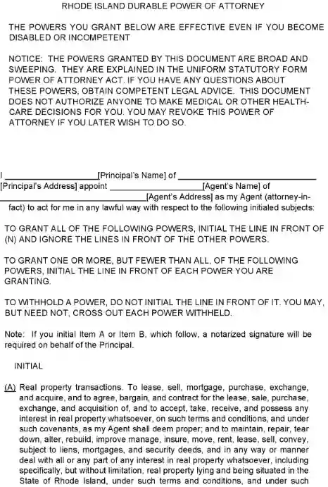 Rhode Island Power of Attorney Form Free Printable