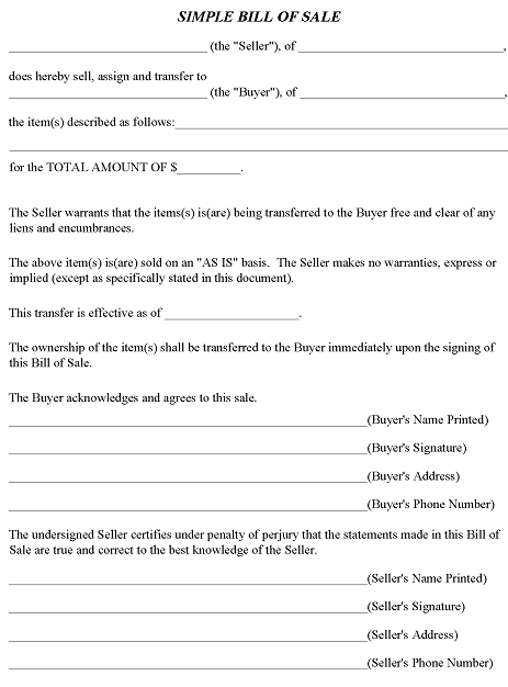 Simple Bill of Sale Template PDF