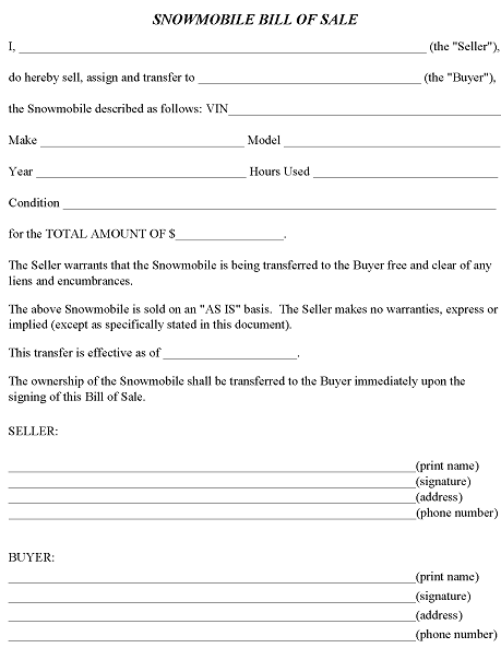 Snowmobile Bill of Sale Template
