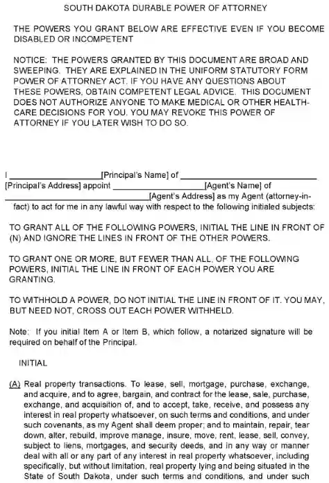 South Dakota Durable Power of Attorney Form PDF