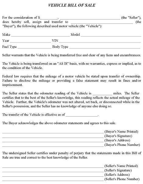 Template For Bill of Sale For Vehicle PDF